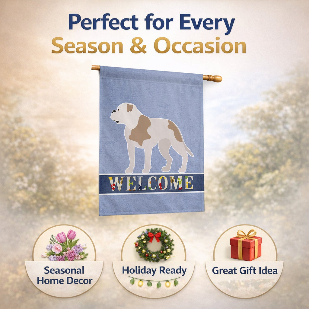 American Bulldog Welcome House Flag 28x40 Porch Sleeve Pole Decorative Outside Yard Banner Artwork Wall Hanging, Polyester