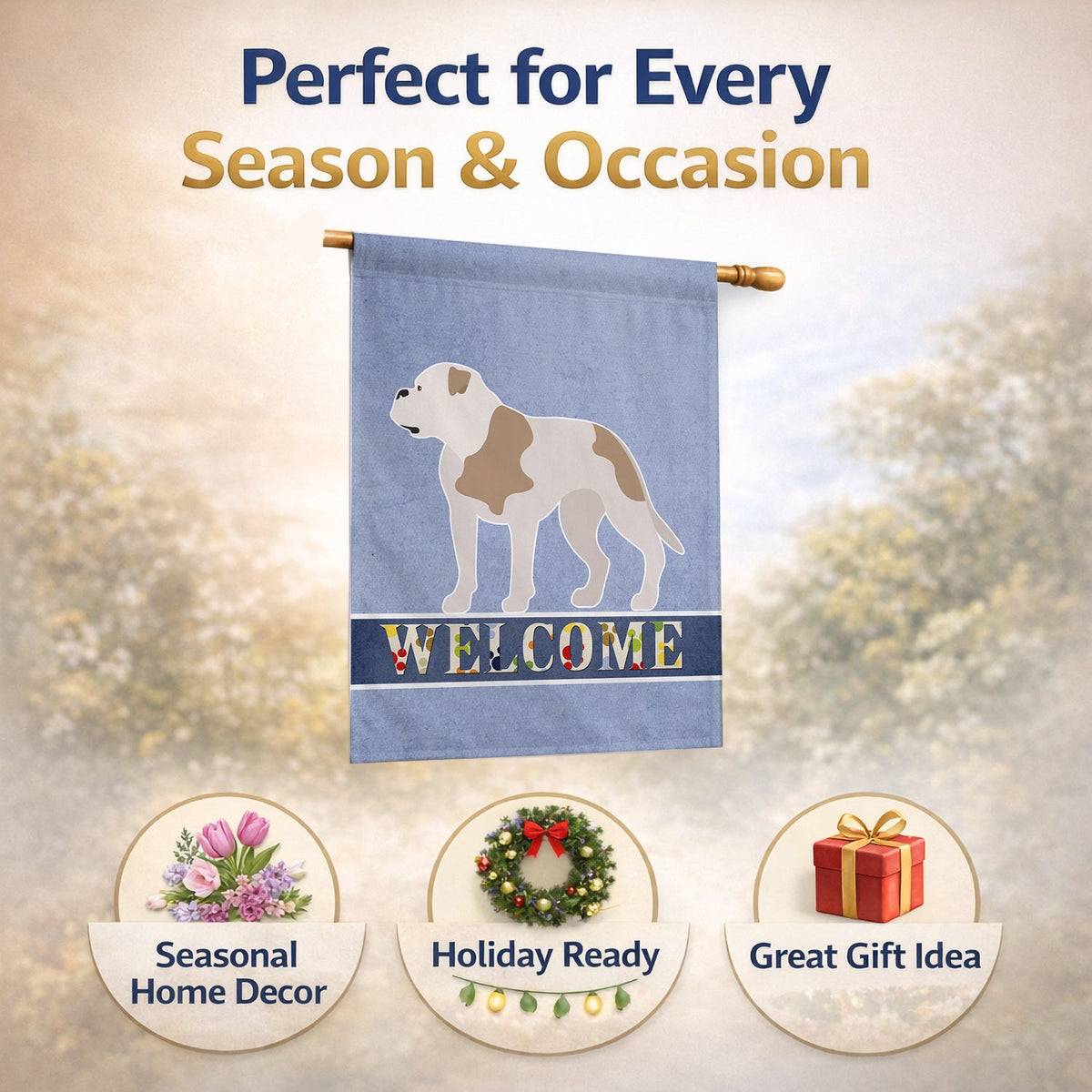 American Bulldog Welcome House Flag 28x40 Porch Sleeve Pole Decorative Outside Yard Banner Artwork Wall Hanging, Polyester
