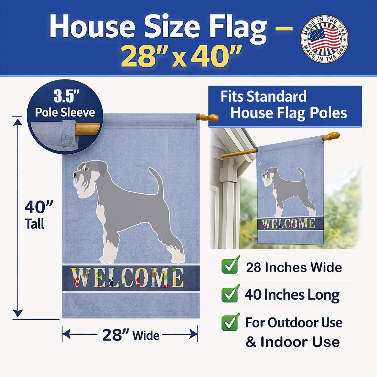 Schnauzer Welcome House Flag 28x40 Porch Sleeve Pole Decorative Outside Yard Banner Artwork Wall Hanging, Polyester