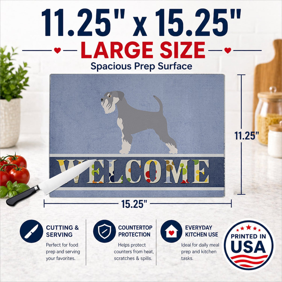 Schnauzer Welcome Cutting Board Tempered Glass Kitchen Cutting Surface, Heat Resistant Chopping, Non-Slip Feet, Food Prep & Serving