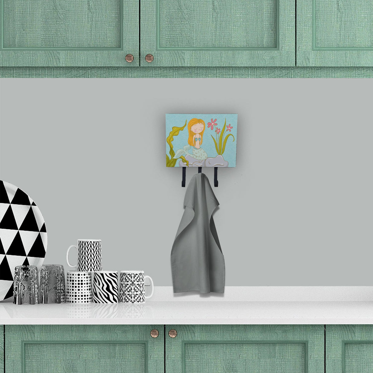 Mermaid Underwater Scene Leash or Key Holder Wall Hooks, Coat Rack Wall Mount, for Hanging Keys, Towels, Aprons, Leashes