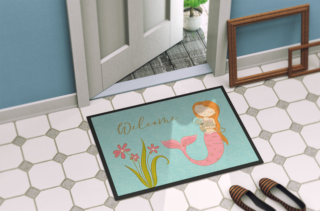 Mermaid with Cat Welcome Doormat Indoor Outdoor 18H X 27W Front Door Mat Rugs for Entryway, Non Slip Washable