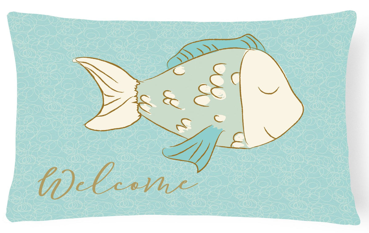 Blue Fish Welcome Decorative Throw Pillow 12x16 Indoor Outdoor Accent Cushion, Fabric Cover with Insert for Sofa, Bed, Porch & Living Room