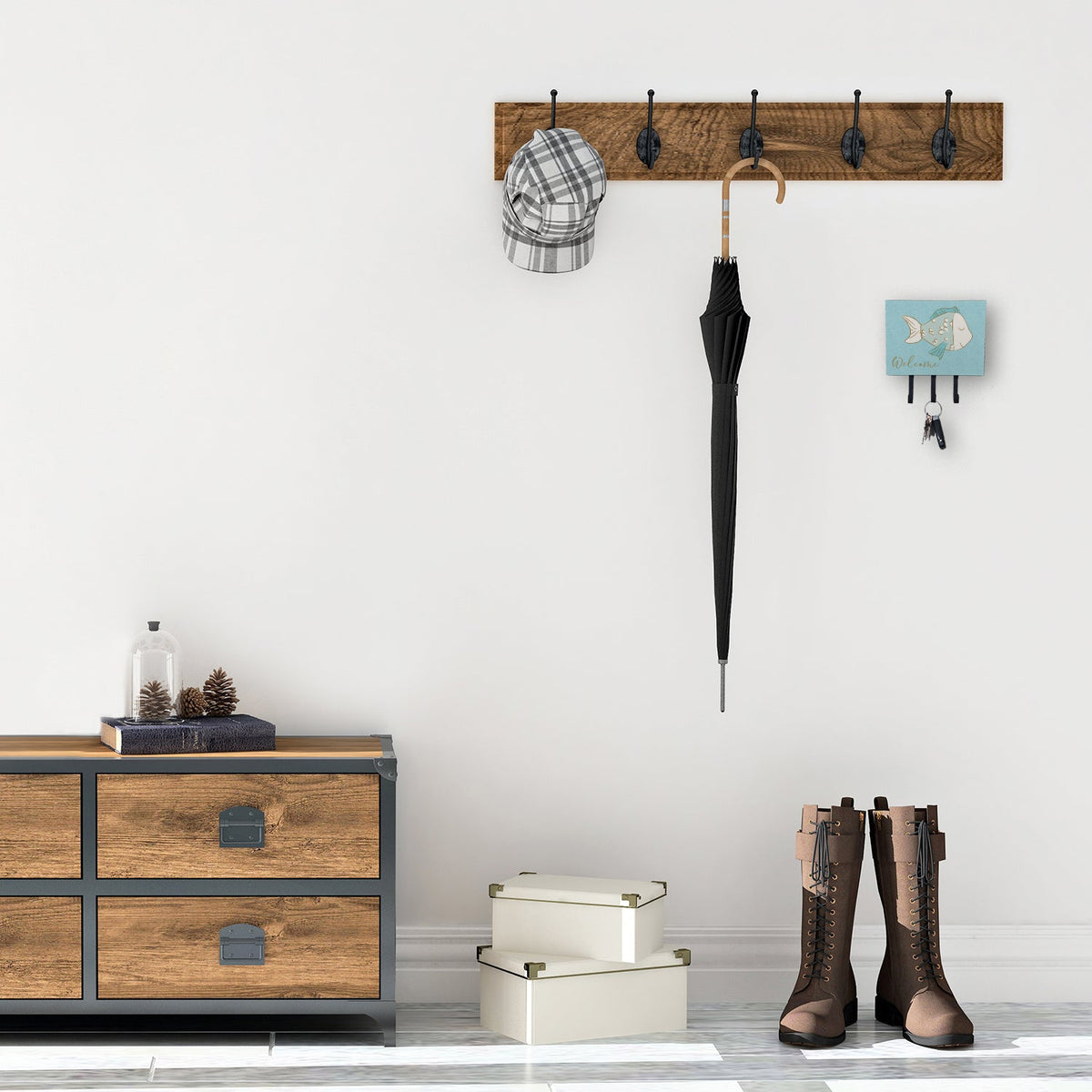 Blue Fish Welcome Leash or Key Holder Wall Hooks, Coat Rack Wall Mount, for Hanging Keys, Towels, Aprons, Leashes