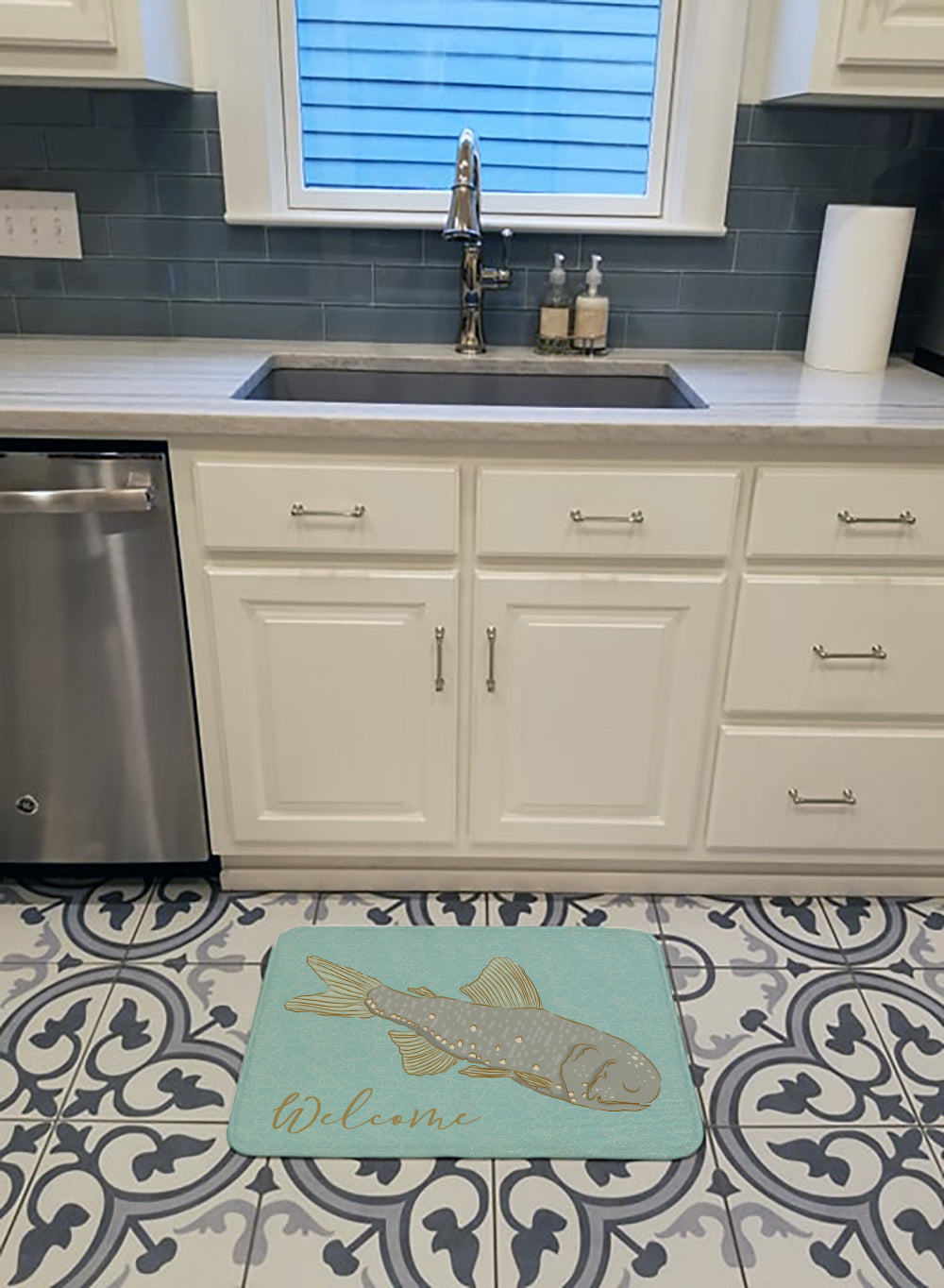 Fish Welcome Memory Foam Kitchen Mat Machine Washable Anti-Fatigue Cushion Comfort Bath or Kitchen Rug