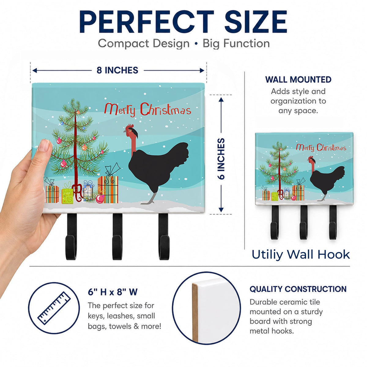 Naked Neck Chicken Christmas Leash or Key Holder Wall Hooks, Coat Rack Wall Mount, for Hanging Keys, Towels, Aprons, Leashes