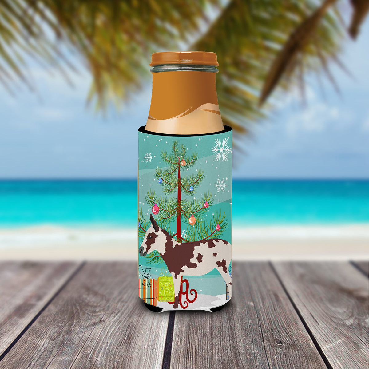 American Spotted Donkey Christmas Slim Can Hugger , Insulated Foam Hugger for 12 oz Slim Cans, Beer Bottles & Water Bottles, Printed in USA
