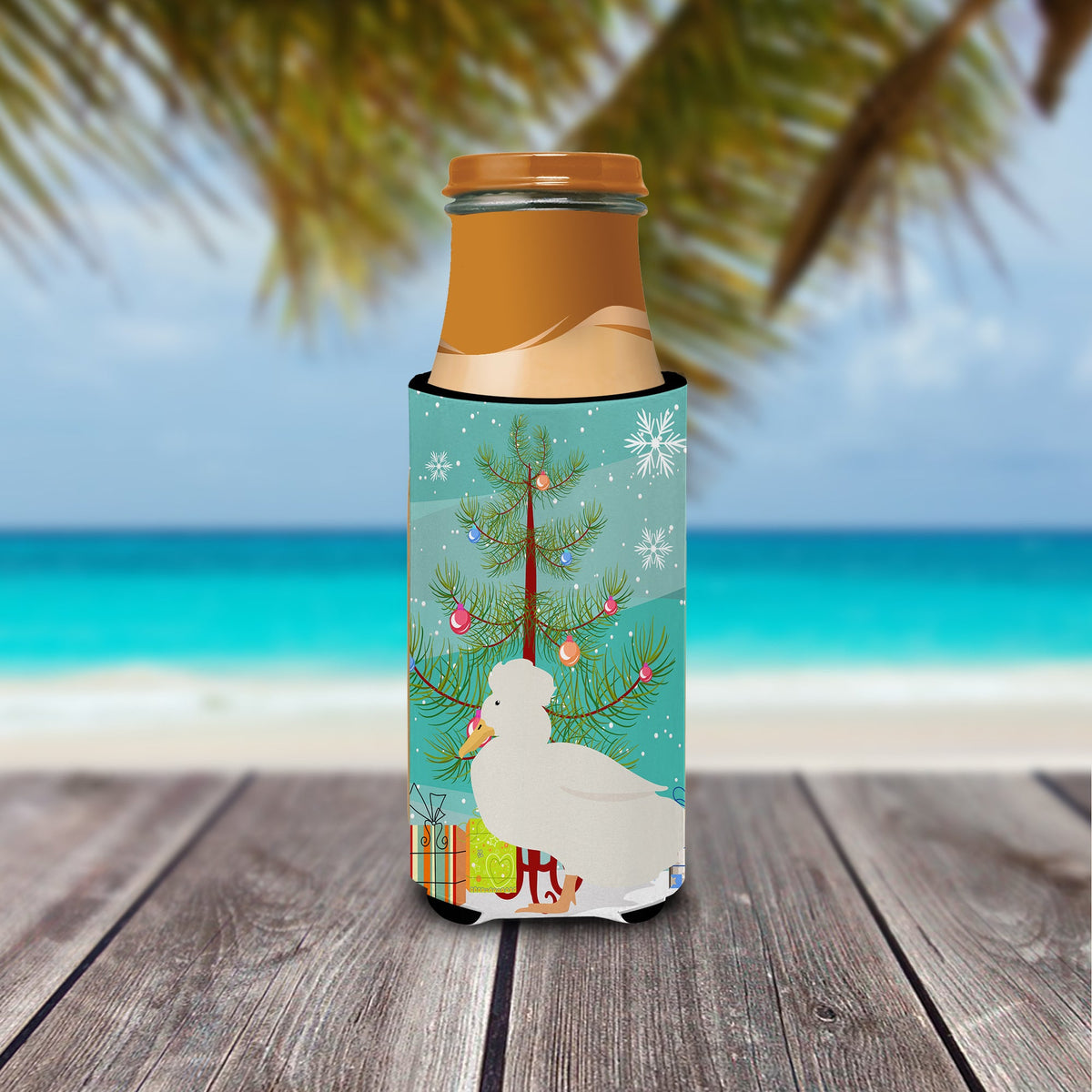 Crested Duck Christmas Slim Can Hugger , Insulated Foam Hugger for 12 oz Slim Cans, Beer Bottles & Water Bottles, Printed in USA