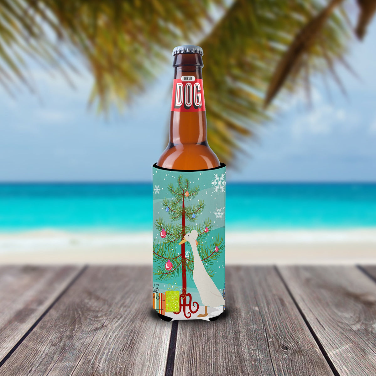 Bali Duck Christmas Slim Can Hugger , Insulated Foam Hugger for 12 oz Slim Cans, Beer Bottles & Water Bottles, Printed in USA