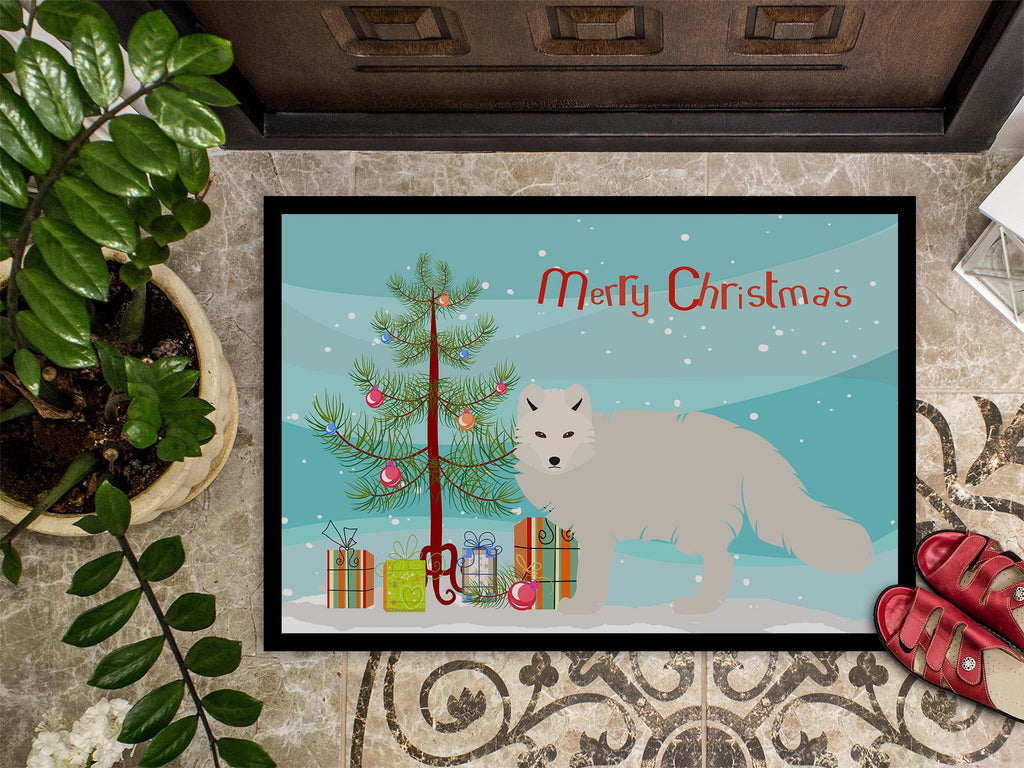 White Arctic Fox Christmas Doormat Indoor Outdoor 18H X 27W Front Door Mat Rugs for Entryway, Non Slip Washable