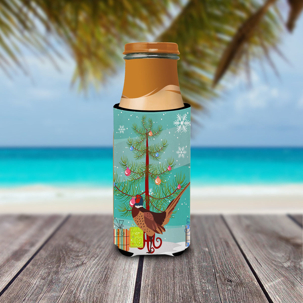 Ring-necked Common Pheasant Christmas Slim Can Hugger , Insulated Foam Hugger for 12 oz Slim Cans, Beer Bottles & Water Bottles, Printed in USA