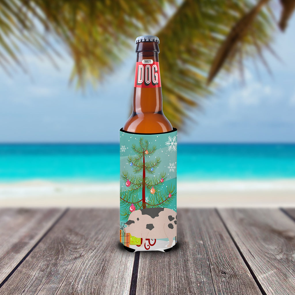 Gloucester Old Spot Pig Christmas Slim Can Hugger , Insulated Foam Hugger for 12 oz Slim Cans, Beer Bottles & Water Bottles, Printed in USA