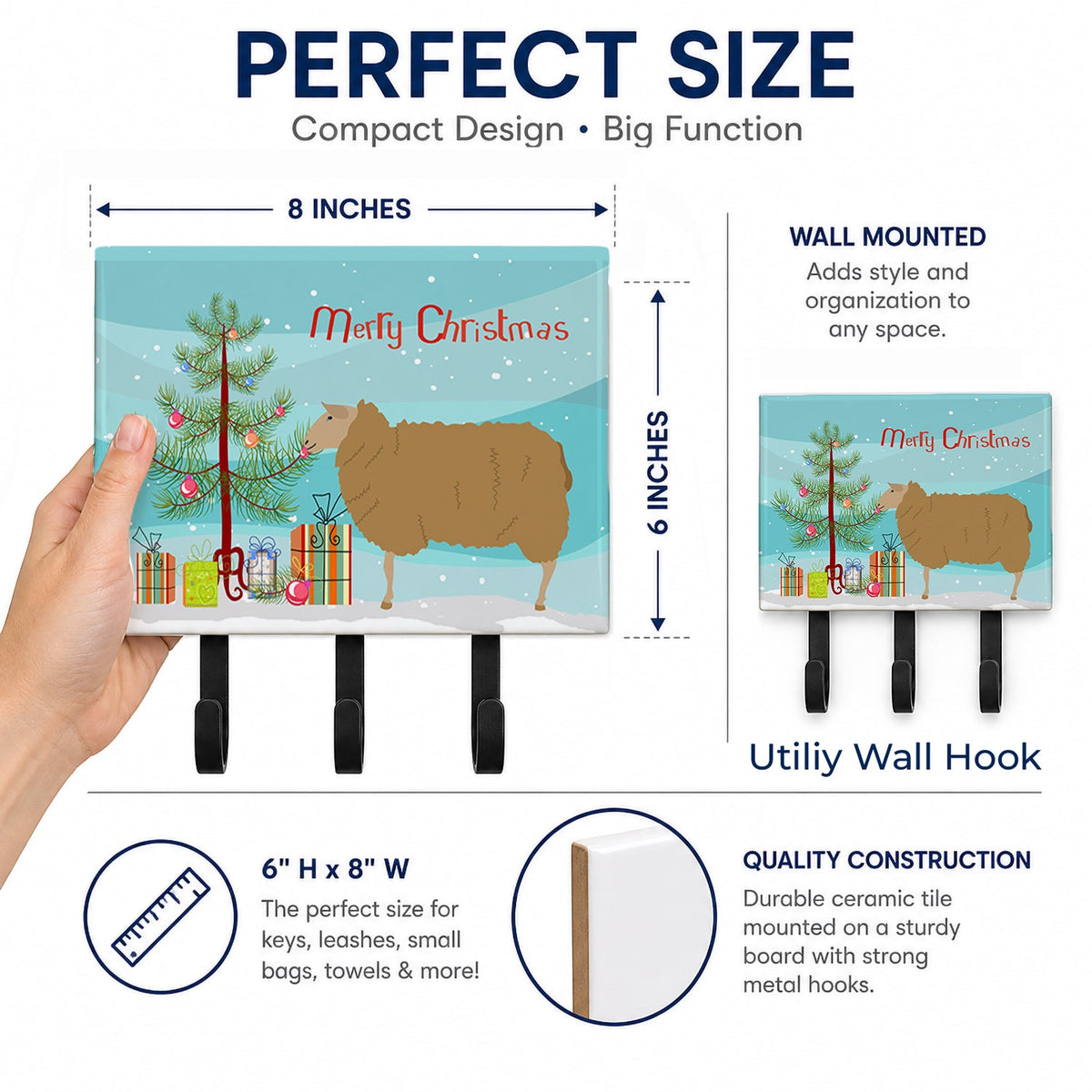 East Friesian Sheep Christmas Leash or Key Holder Wall Hooks, Coat Rack Wall Mount, for Hanging Keys, Towels, Aprons, Leashes