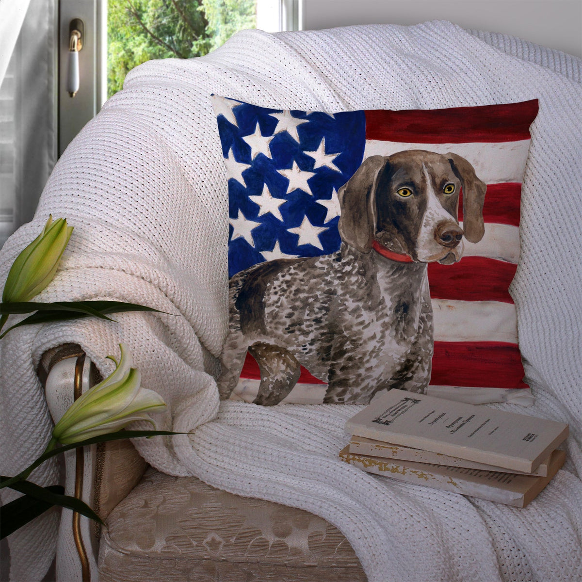 German Shorthaired Pointer Patriotic Decorative Throw Pillow 14x14 Indoor Outdoor Accent Cushion, Fabric Cover with Insert for Sofa, Bed, Porch & Living Room