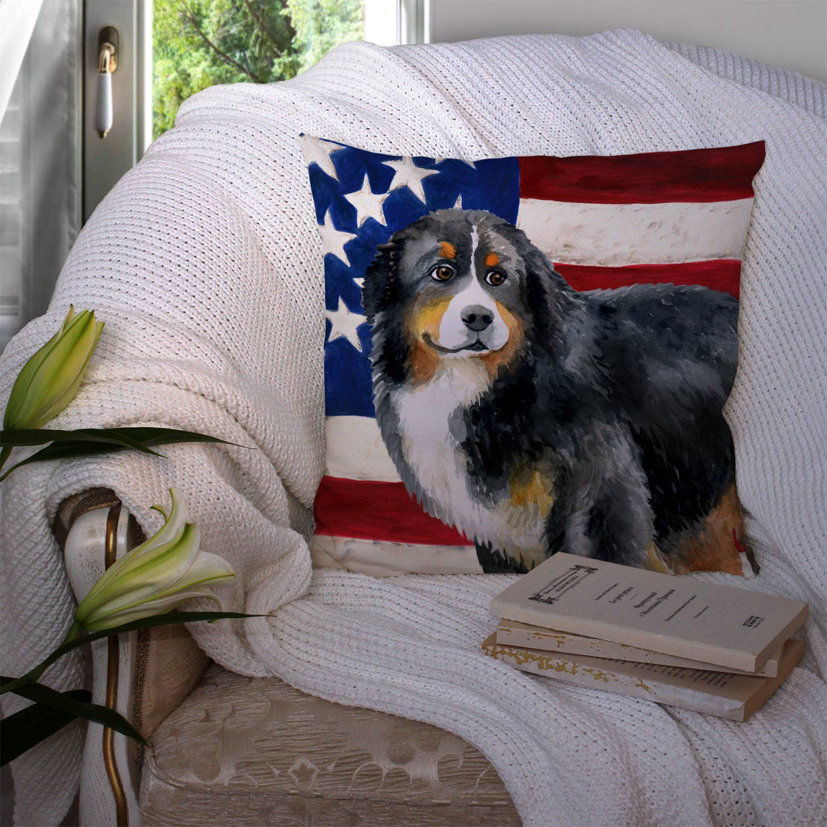 Bernese Mountain Dog Patriotic Decorative Throw Pillow 14x14 Indoor Outdoor Accent Cushion, Fabric Cover with Insert for Sofa, Bed, Porch & Living Room