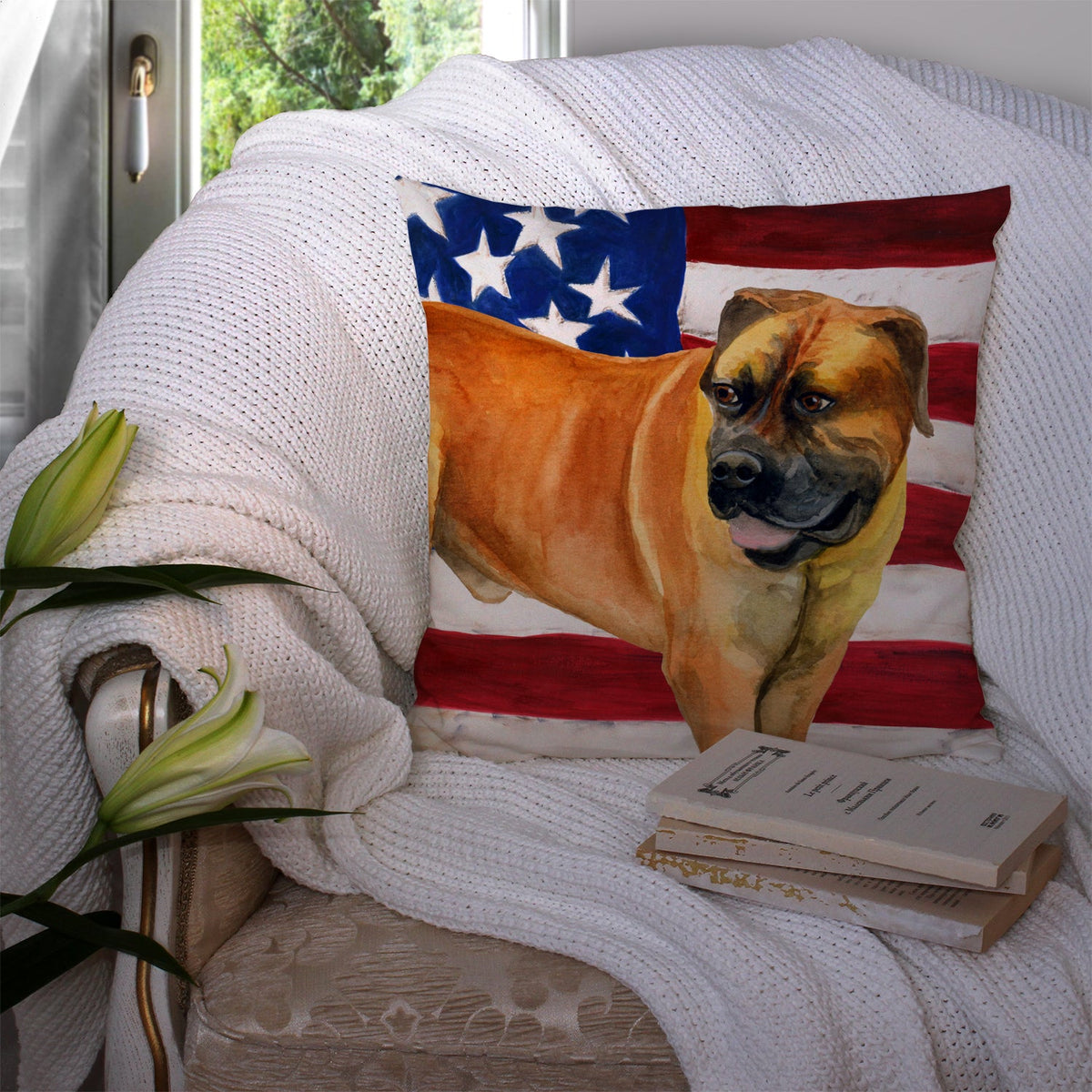 Boerboel Mastiff Patriotic Decorative Throw Pillow 14x14 Indoor Outdoor Accent Cushion, Fabric Cover with Insert for Sofa, Bed, Porch & Living Room