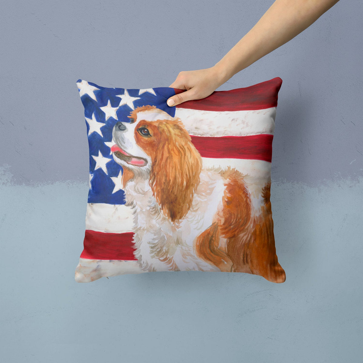 Cavalier Spaniel Patriotic Decorative Throw Pillow 14x14 Indoor Outdoor Accent Cushion, Fabric Cover with Insert for Sofa, Bed, Porch & Living Room