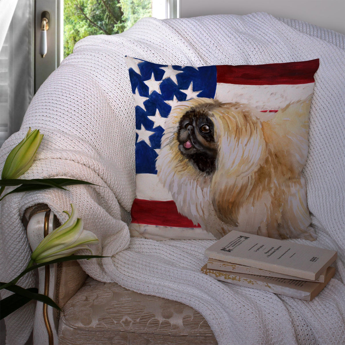 Pekingese Patriotic Decorative Throw Pillow 14x14 Indoor Outdoor Accent Cushion, Fabric Cover with Insert for Sofa, Bed, Porch & Living Room