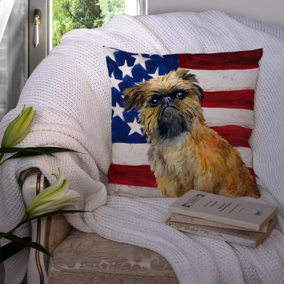 Brussels Griffon Patriotic Decorative Throw Pillow 14x14 Indoor Outdoor Accent Cushion, Fabric Cover with Insert for Sofa, Bed, Porch & Living Room