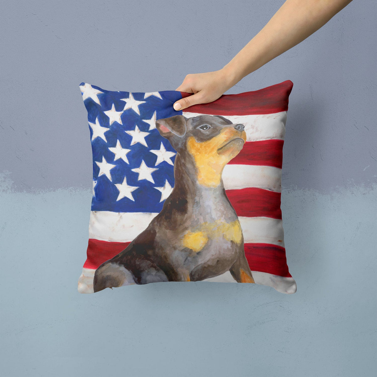 Miniature Pinscher #2 Patriotic Decorative Throw Pillow 14x14 Indoor Outdoor Accent Cushion, Fabric Cover with Insert for Sofa, Bed, Porch & Living Room