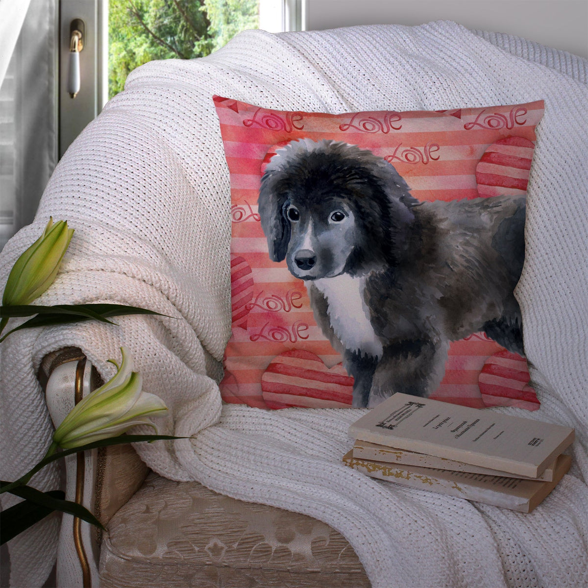 Newfoundland Puppy Love Decorative Throw Pillow 14x14 Indoor Outdoor Accent Cushion, Fabric Cover with Insert for Sofa, Bed, Porch & Living Room