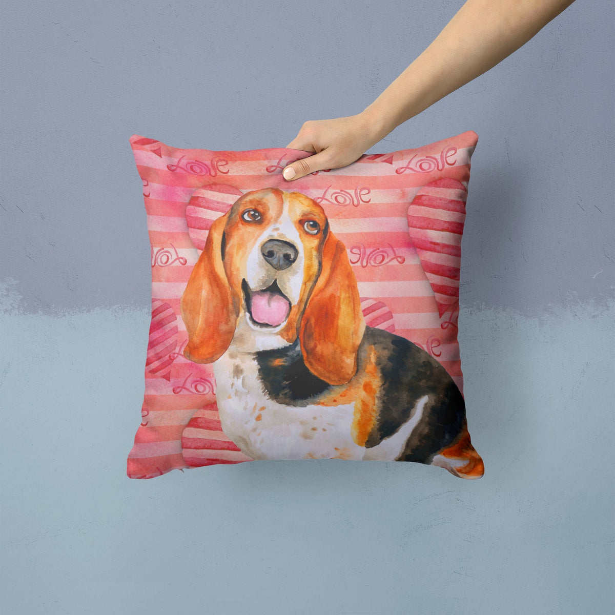 Basset Hound Love Decorative Throw Pillow 14x14 Indoor Outdoor Accent Cushion, Fabric Cover with Insert for Sofa, Bed, Porch & Living Room
