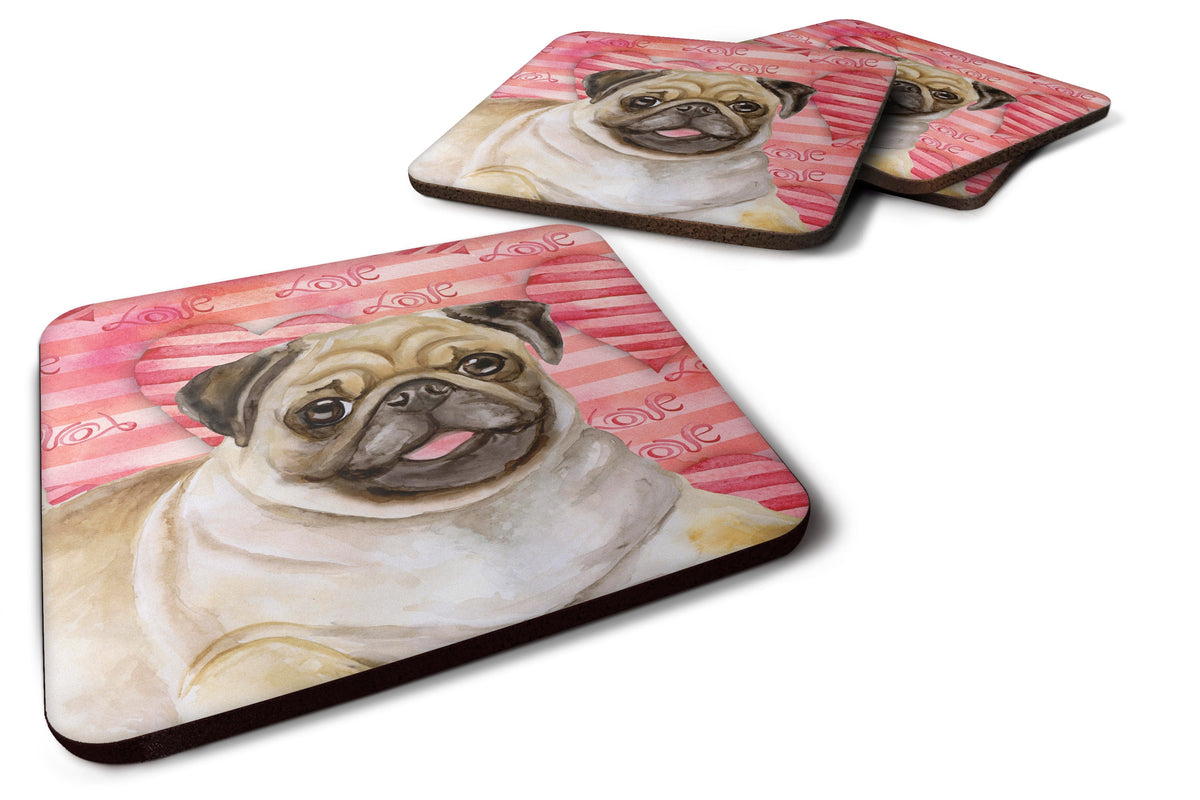 Fawn Pug Love Foam Coasters Set of 4 Cup Coasters for Indoor Outdoor, Tabletop Protection, Anti Slip, Mouse pad Material