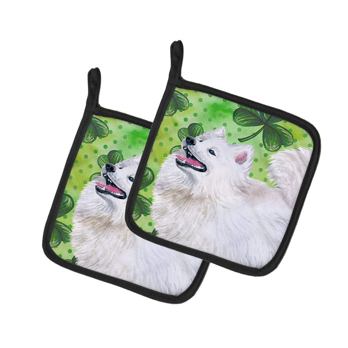Samoyed St Patrick's Pot Holder Set of 2 Heat Resistant Quilted Hot Pads 7.5 x 7.5 Inch, Insulated Kitchen Trivets for Cooking & Baking