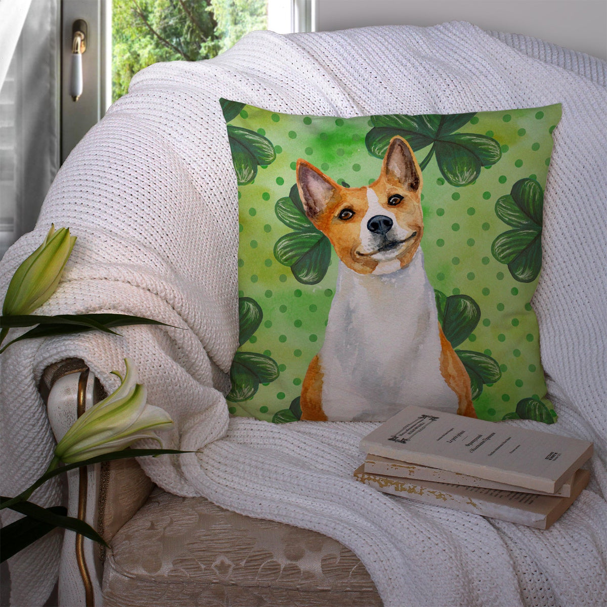 Basenji St Patrick's Decorative Throw Pillow 14x14 Indoor Outdoor Accent Cushion, Fabric Cover with Insert for Sofa, Bed, Porch & Living Room