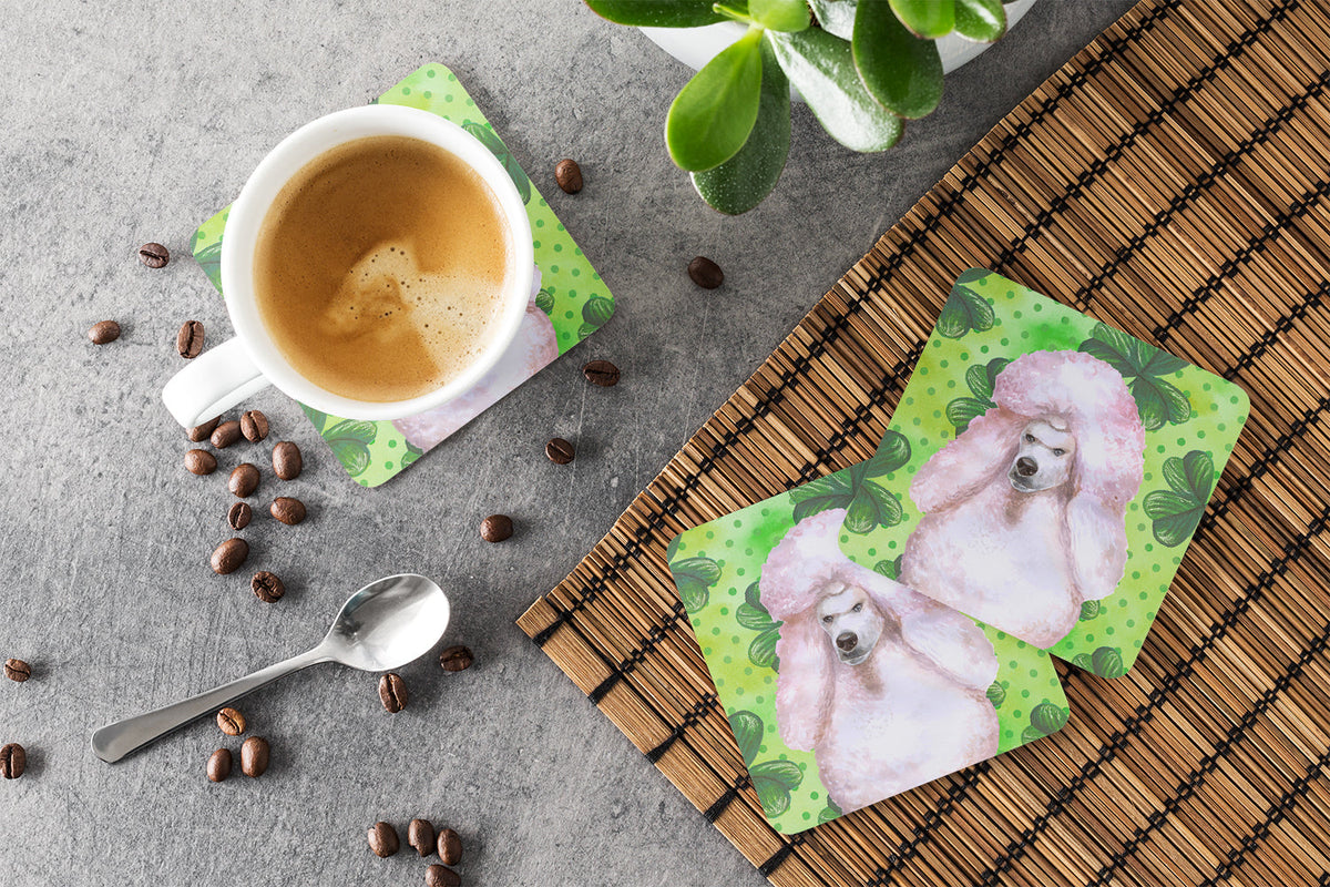 White Standard Poodle St Patrick's Foam Coasters Set of 4 Cup Coasters for Indoor Outdoor, Tabletop Protection, Anti Slip, Mouse pad Material