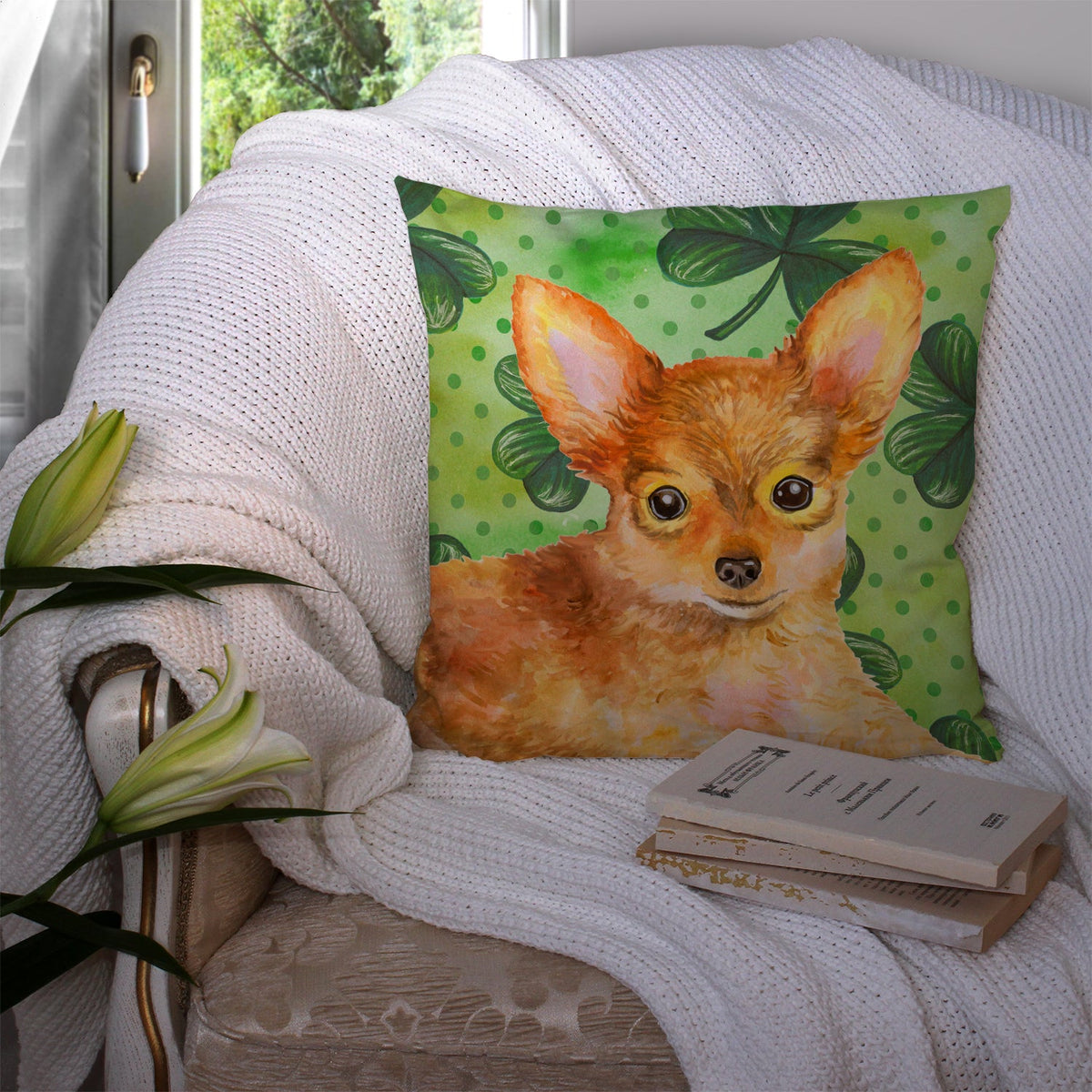 Toy Terrier St Patrick's Decorative Throw Pillow 14x14 Indoor Outdoor Accent Cushion, Fabric Cover with Insert for Sofa, Bed, Porch & Living Room