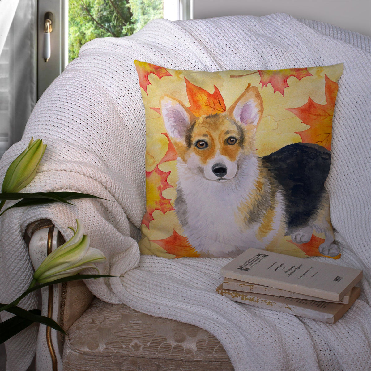Pembroke Corgi Fall Decorative Throw Pillow 14x14 Indoor Outdoor Accent Cushion, Fabric Cover with Insert for Sofa, Bed, Porch & Living Room