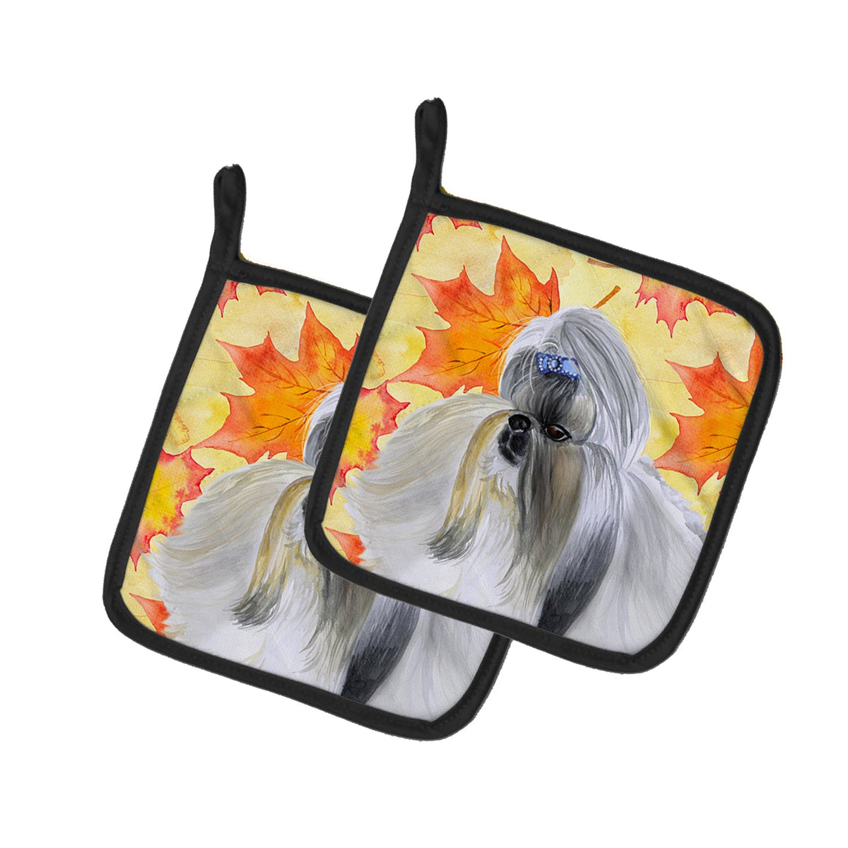 Shih Tzu Fall Pot Holder Set of 2 Heat Resistant Quilted Hot Pads 7.5 x 7.5 Inch, Insulated Kitchen Trivets for Cooking & Baking