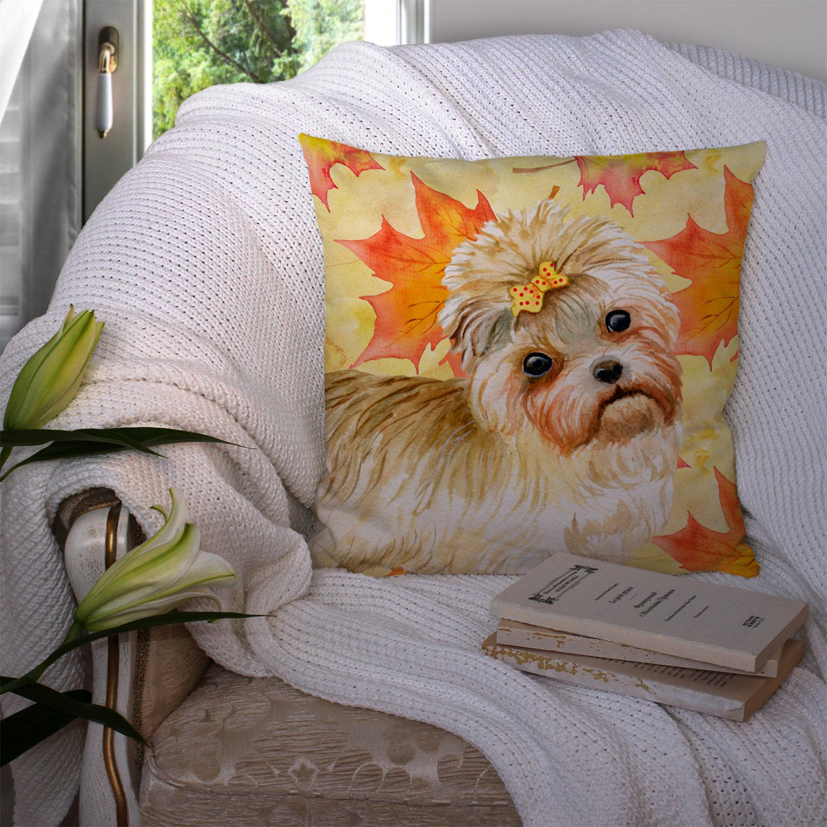 Morkie Fall Decorative Throw Pillow 14x14 Indoor Outdoor Accent Cushion, Fabric Cover with Insert for Sofa, Bed, Porch & Living Room