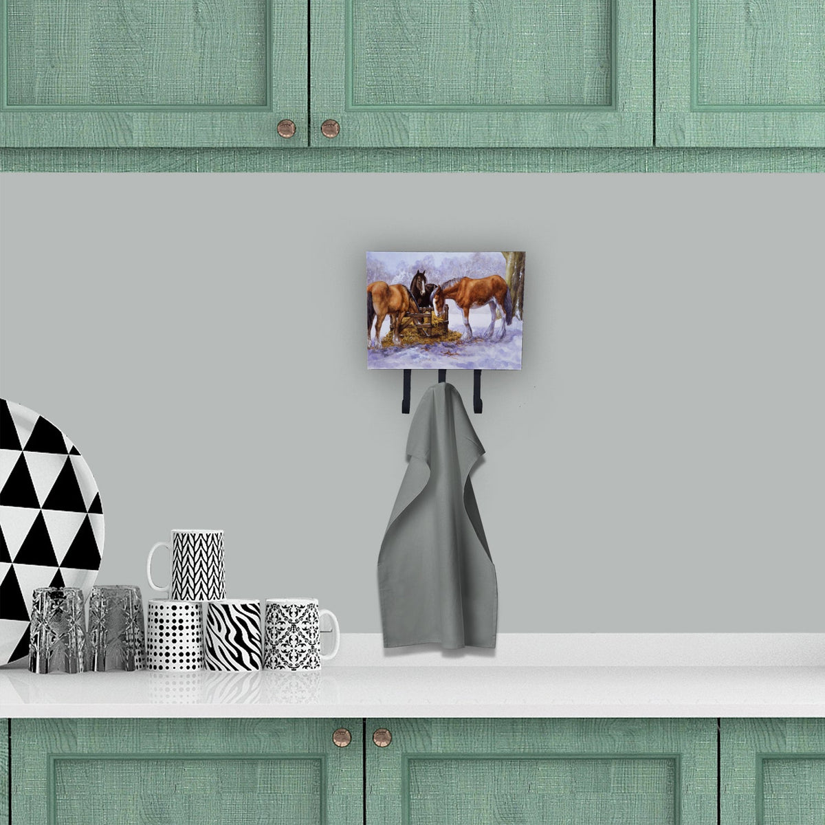Horses eating Hay in the Snow Leash or Key Holder Wall Hooks, Coat Rack Wall Mount, for Hanging Keys, Towels, Aprons, Leashes