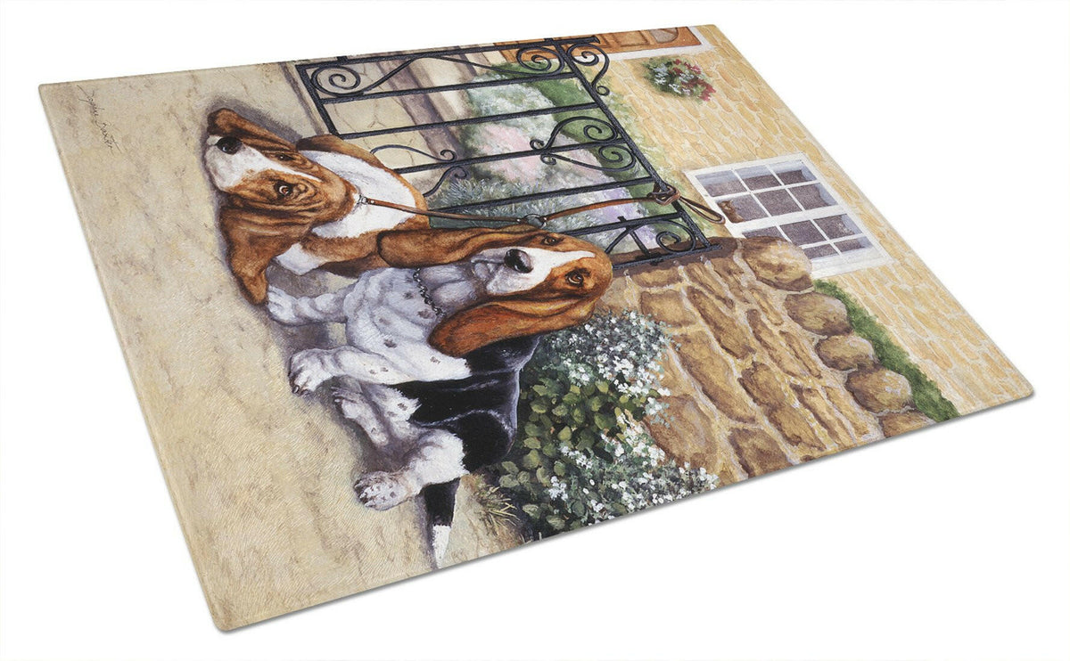 Basset Hound at the gate Cutting Board Tempered Glass Kitchen Cutting Surface, Heat Resistant Chopping, Non-Slip Feet, Food Prep & Serving
