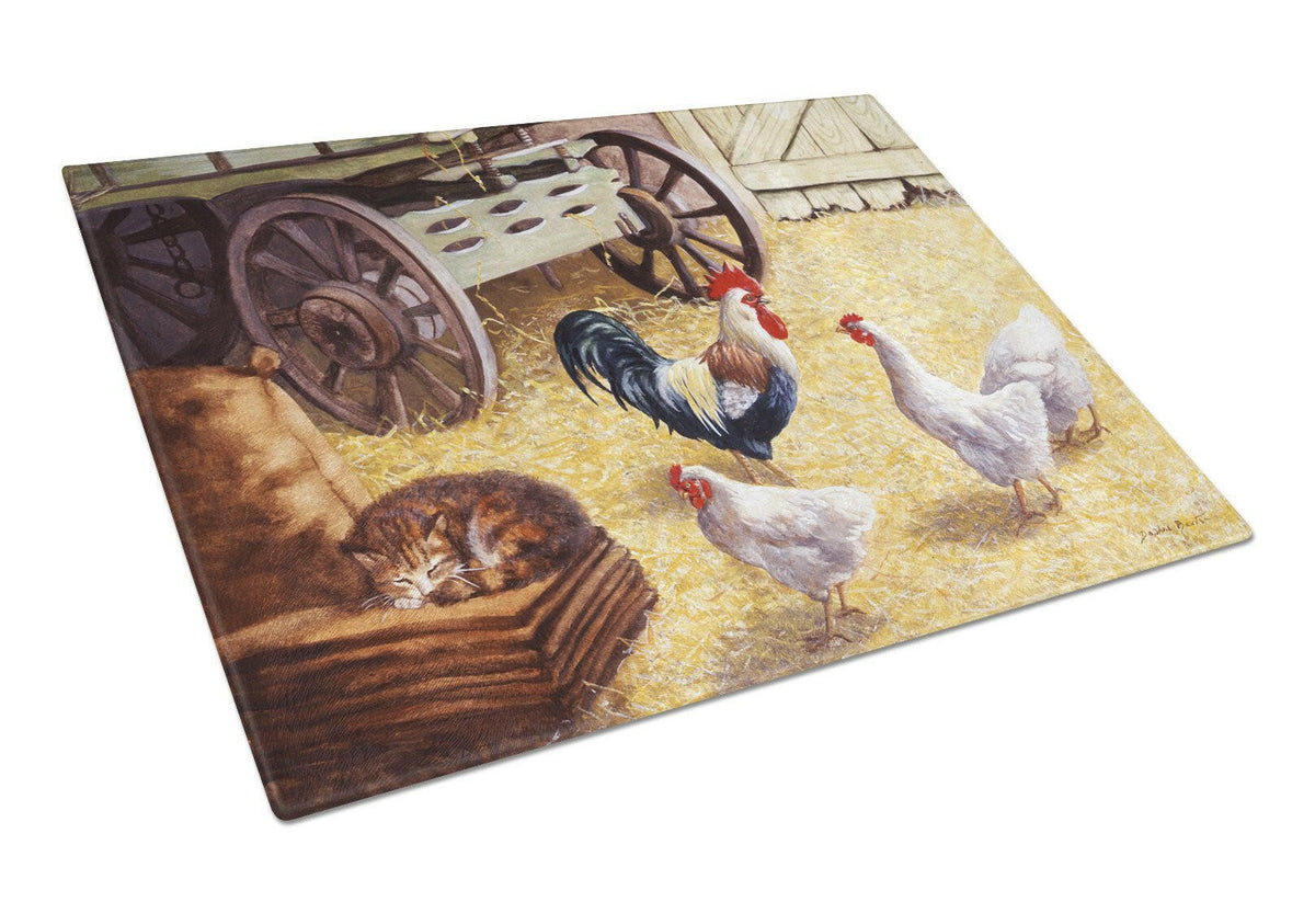 Rooster and Hens Chickens in the Barn Cutting Board Tempered Glass Kitchen Cutting Surface, Heat Resistant Chopping, Non-Slip Feet, Food Prep & Serving