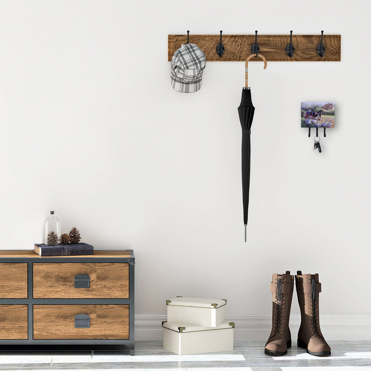 Geese Crossing before the Horse Leash or Key Holder Wall Hooks, Coat Rack Wall Mount, for Hanging Keys, Towels, Aprons, Leashes
