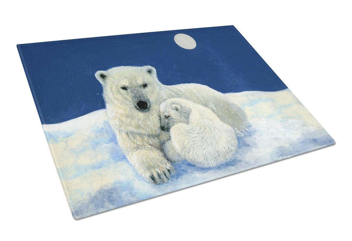 Polar Bears Moonlight Snuggle Cutting Board Tempered Glass Kitchen Cutting Surface, Heat Resistant Chopping, Non-Slip Feet, Food Prep & Serving