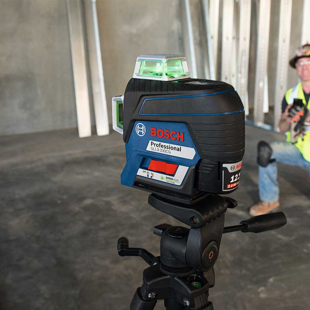 BOSCH GLL3-330CG-B 360-Degree Green Beam Three-Plane Line Laser Level with 2 Batteries