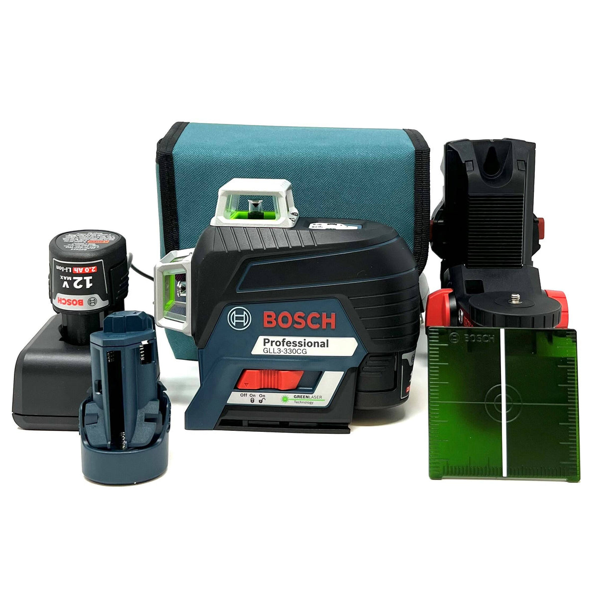 BOSCH GLL3-330CG-B 360-Degree Green Beam Three-Plane Line Laser Level with 2 Batteries