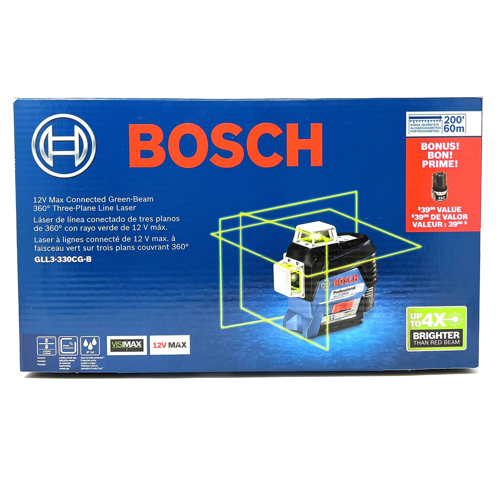 BOSCH GLL3-330CG-B 360-Degree Green Beam Three-Plane Line Laser Level with 2 Batteries