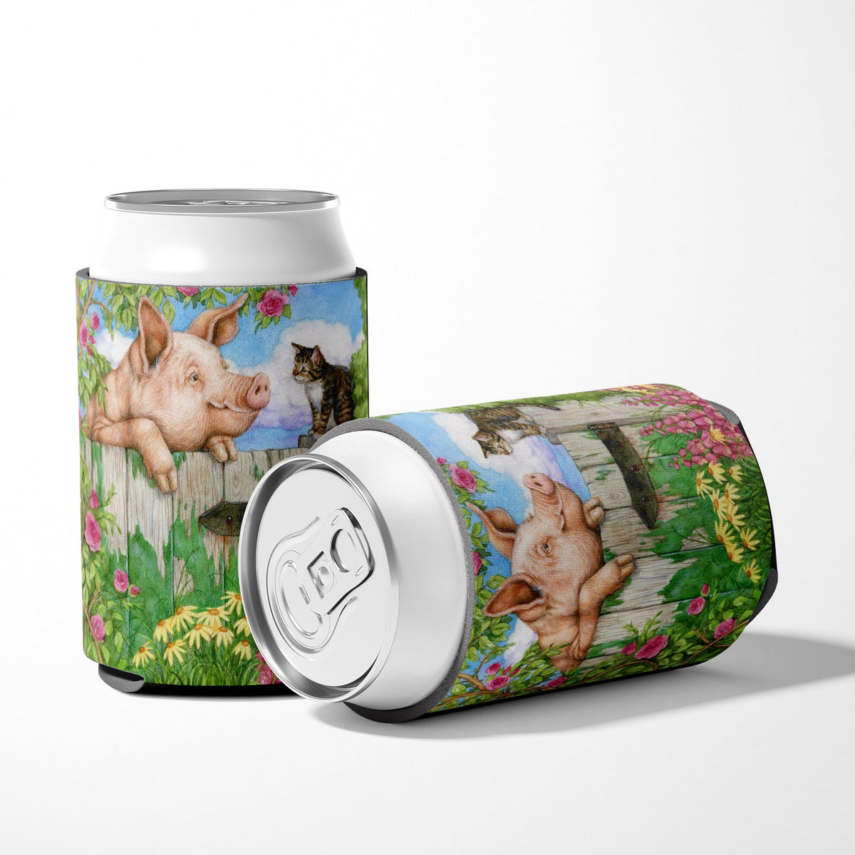Pig at the Gate with the Cat Can or Bottle Hugger Cooler Sleeve for Standard 12 oz Cans, Insulated Foam Beer & Soda Can Hugger Reusable