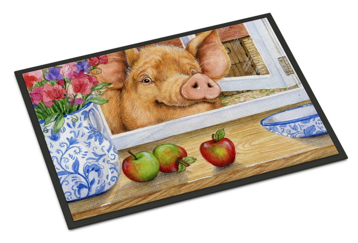 Pig trying to reach the Apple in the Window Doormat Indoor Outdoor 18H X 27W Front Door Mat Rugs for Entryway, Non Slip Washable