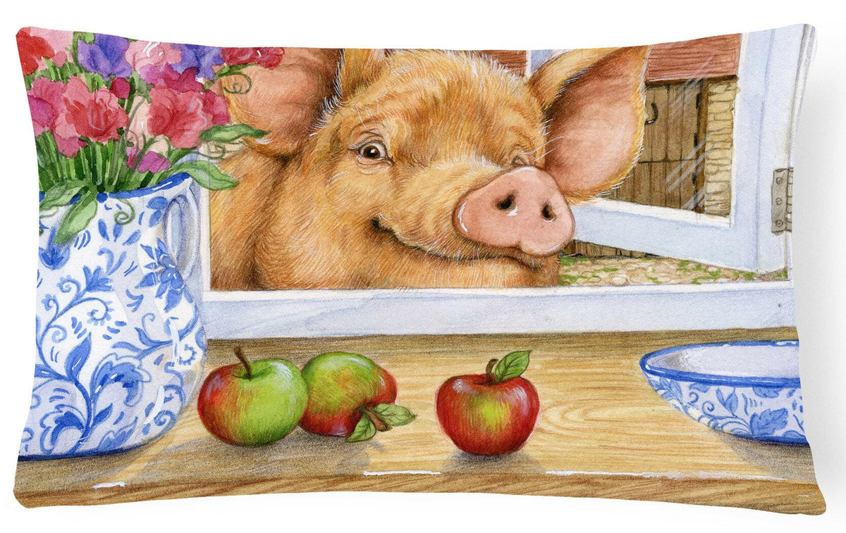 Pig trying to reach the Apple in the Window Decorative Throw Pillow 12x16 Indoor Outdoor Accent Cushion, Fabric Cover with Insert for Sofa, Bed, Porch & Living Room