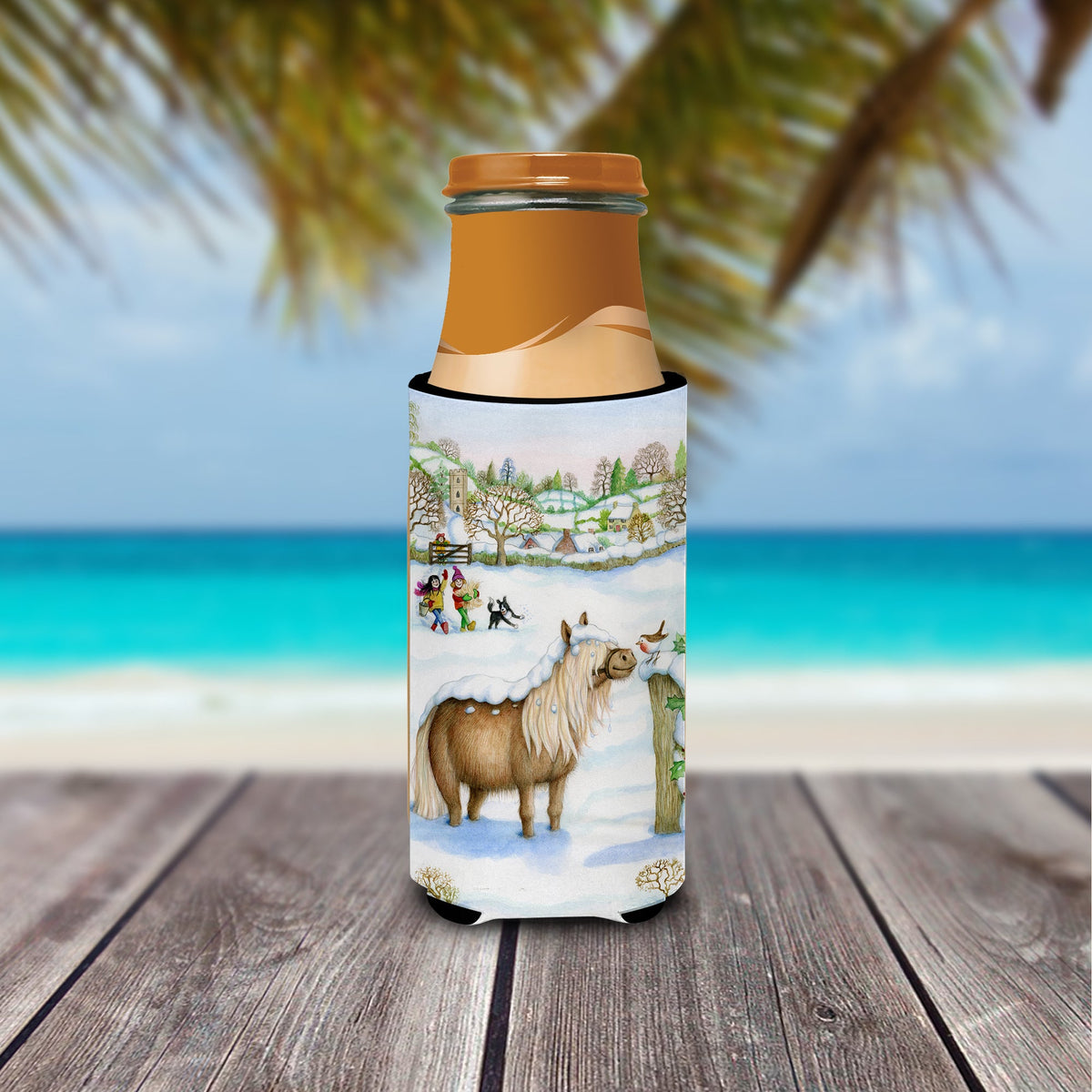 Feeding The Shetland Horse Slim Can Hugger , Insulated Foam Hugger for 12 oz Slim Cans, Beer Bottles & Water Bottles, Printed in USA
