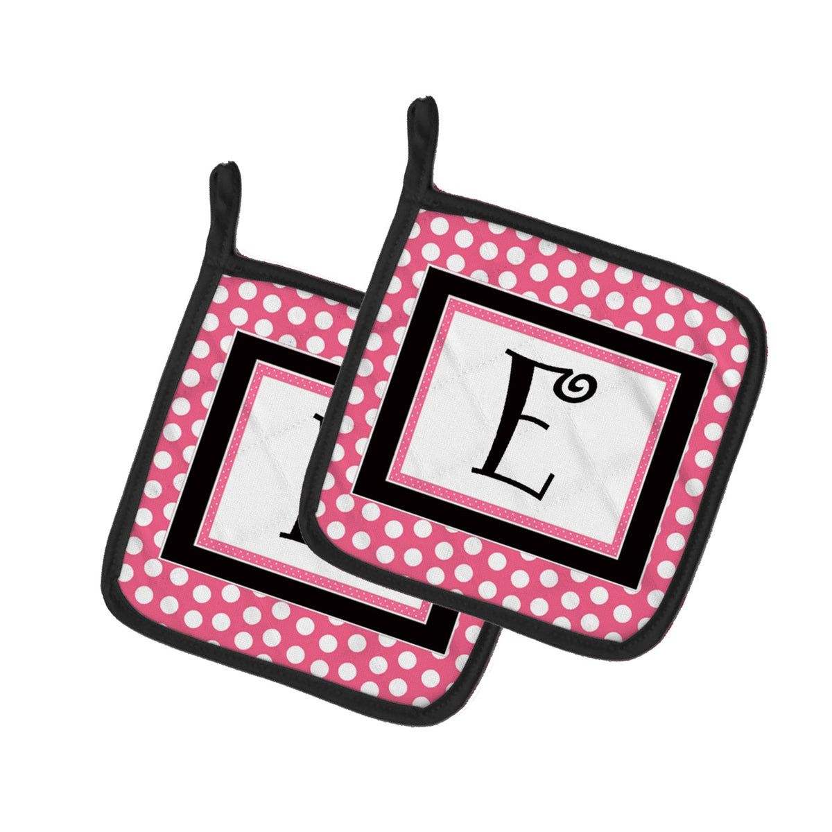 Letter E Monogram - Pink Black Polka Dots Pot Holder Set of 2 Heat Resistant Quilted Hot Pads 7.5 x 7.5 Inch, Insulated Kitchen Trivets for Cooking & Baking