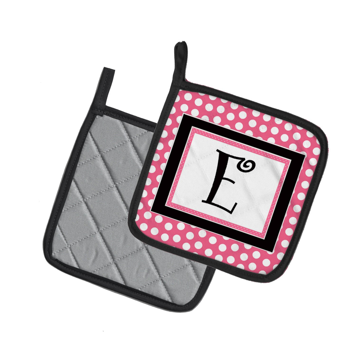 Letter E Monogram - Pink Black Polka Dots Pot Holder Set of 2 Heat Resistant Quilted Hot Pads 7.5 x 7.5 Inch, Insulated Kitchen Trivets for Cooking & Baking