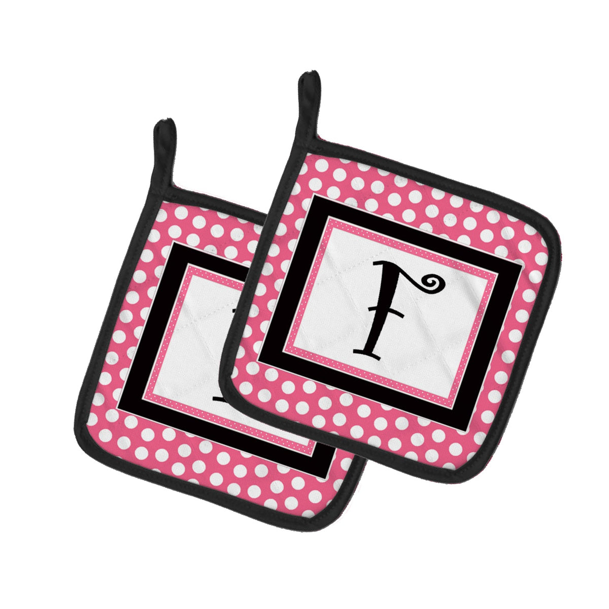 Letter F Monogram - Pink Black Polka Dots Pot Holder Set of 2 Heat Resistant Quilted Hot Pads 7.5 x 7.5 Inch, Insulated Kitchen Trivets for Cooking & Baking