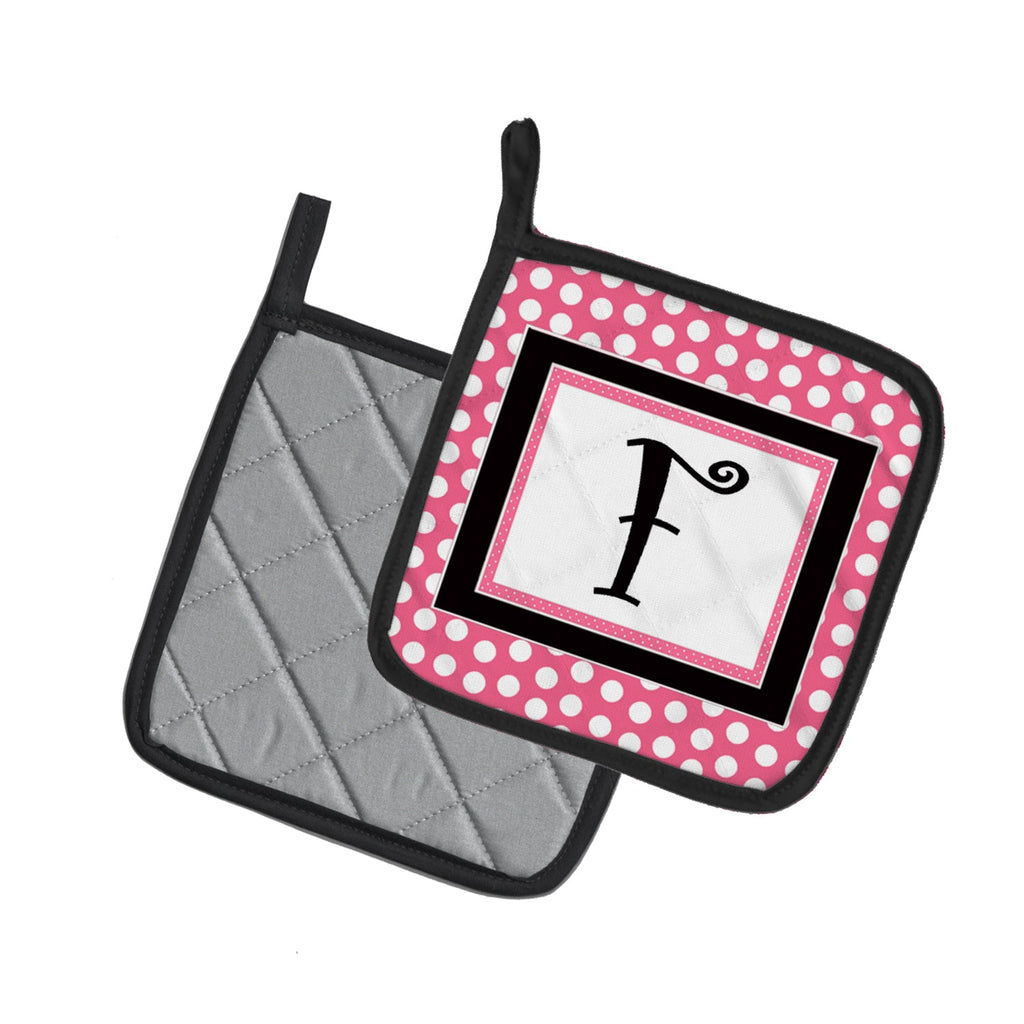 Letter F Monogram - Pink Black Polka Dots Pot Holder Set of 2 Heat Resistant Quilted Hot Pads 7.5 x 7.5 Inch, Insulated Kitchen Trivets for Cooking & Baking